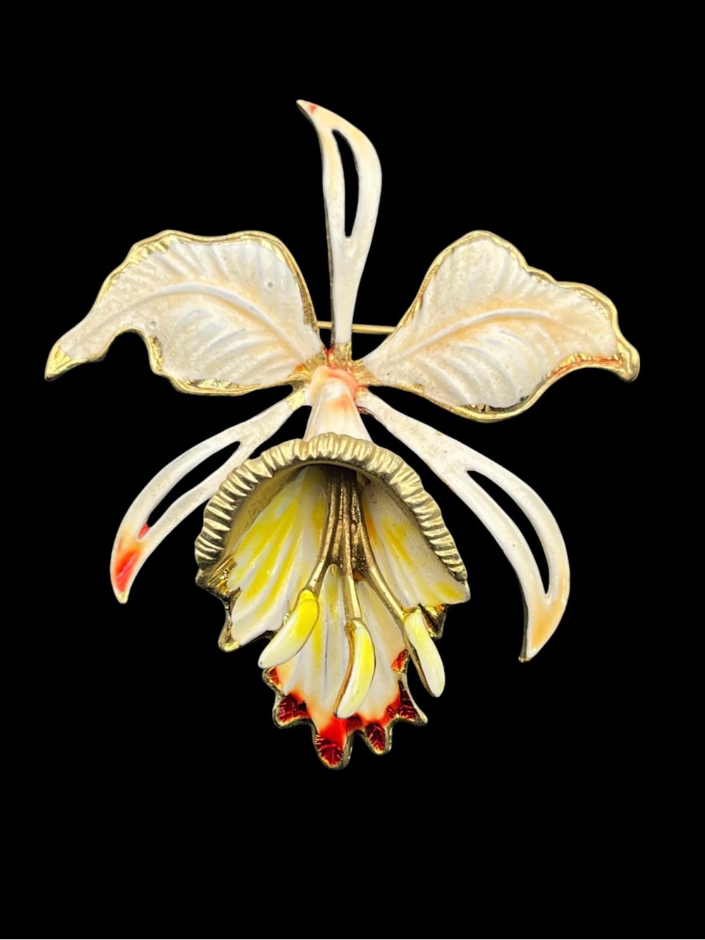 Weiss orchid flower enamel gold tone vintage brooch pin orange yellow